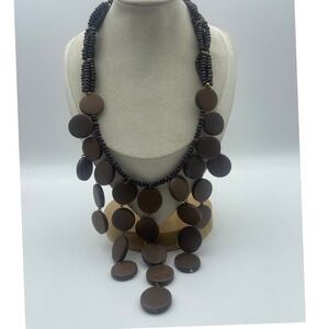 Boho Statement Necklace Brown Wood Beads Tribal Style Layered Pendant Jewelry VN